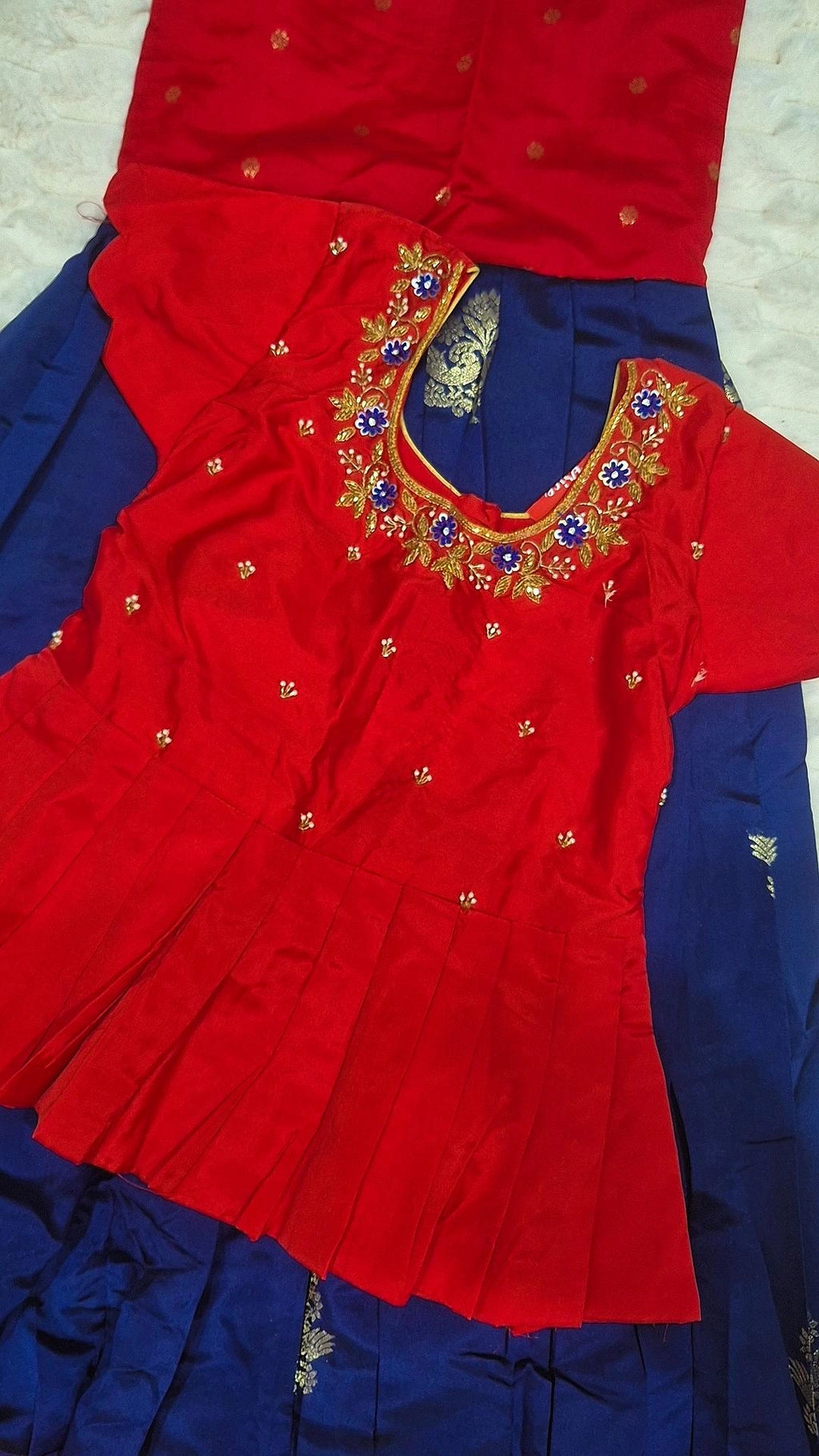 Kids Pattu Pavada – Navy & Red (10–12 Years)