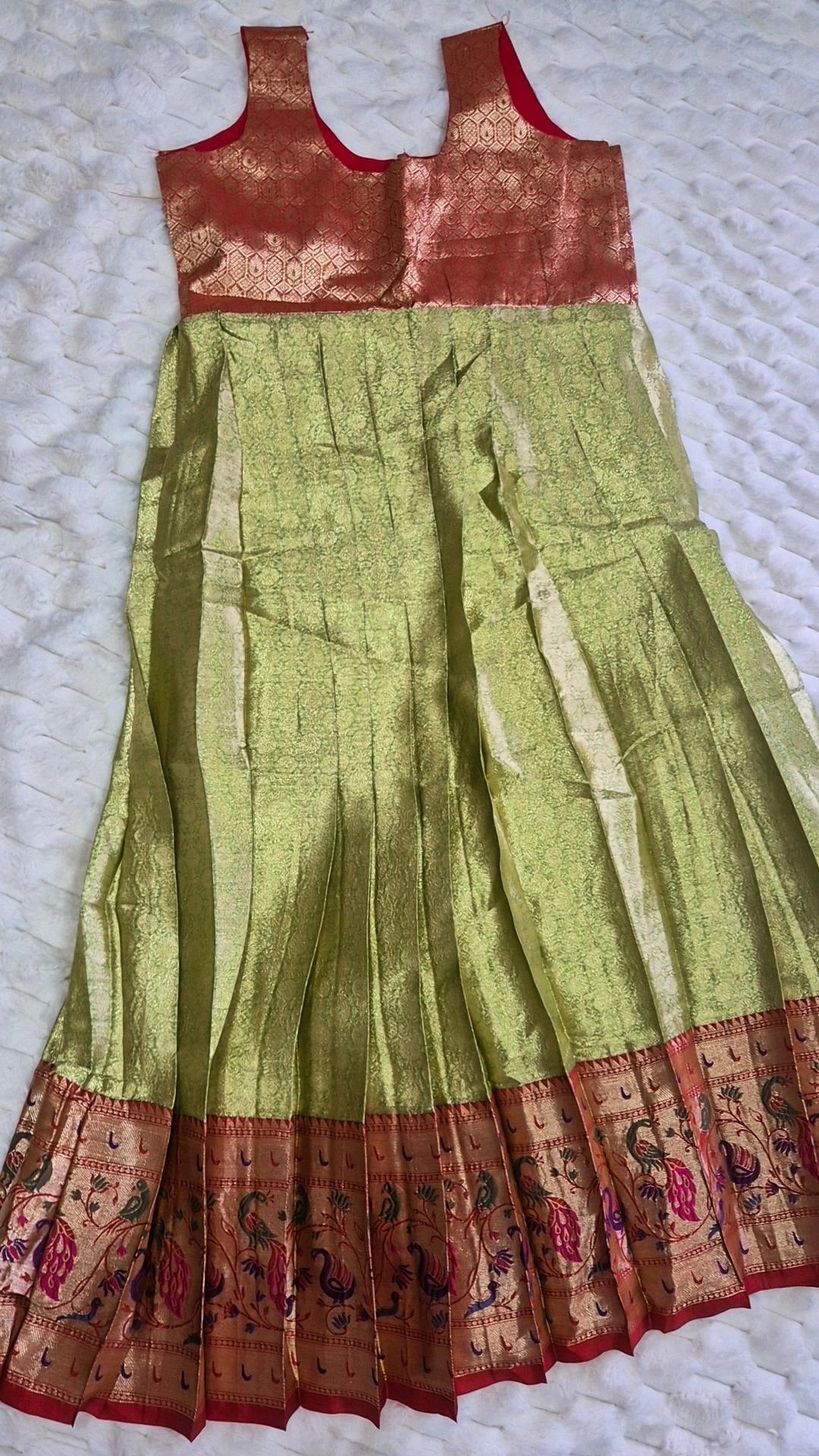 Kids Pattu Pavada – Light Green & Red Peacock Border (10–12 Years)