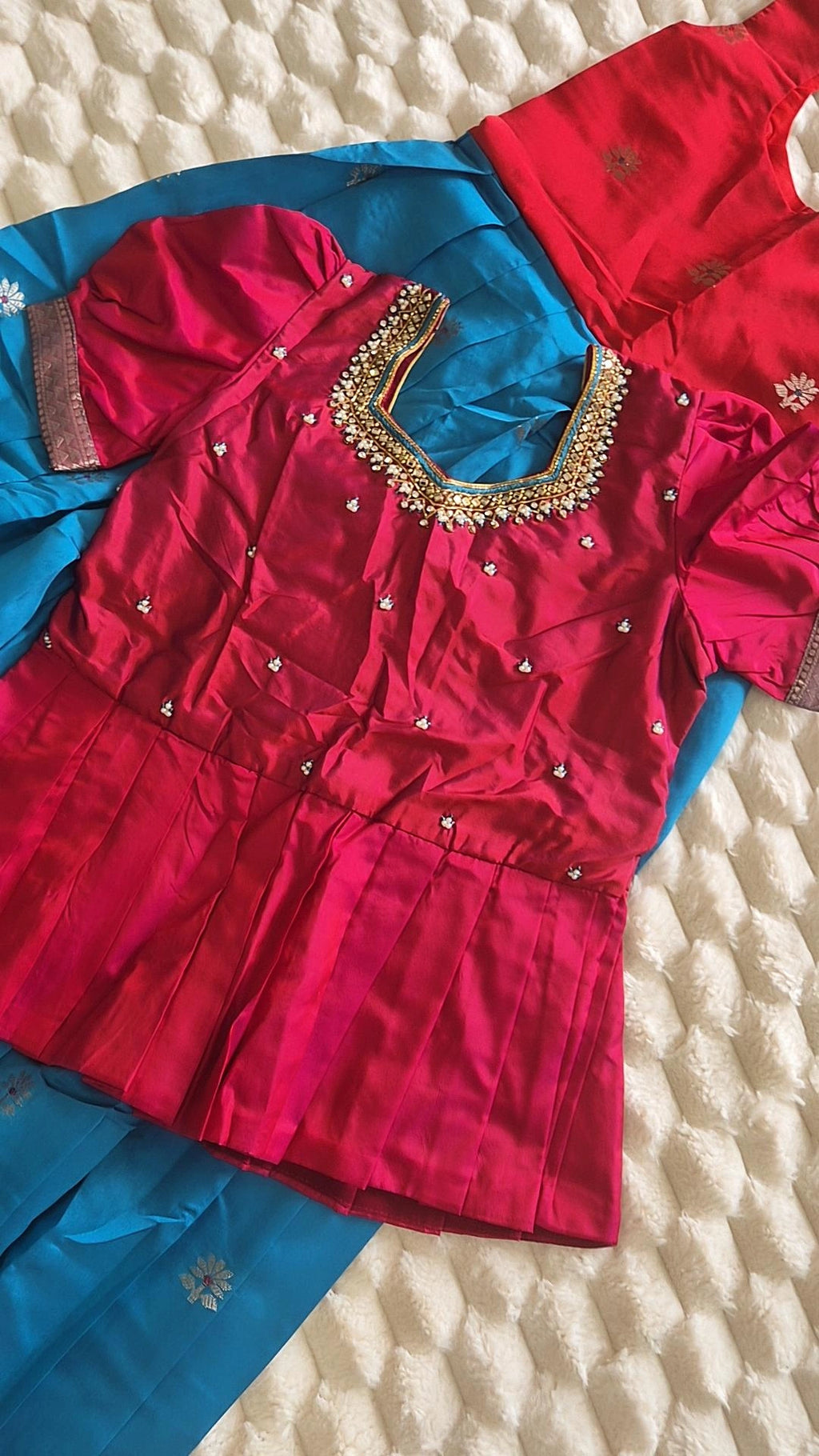 Kids Pattu Pavada – Blue & Red (10–12 Years)