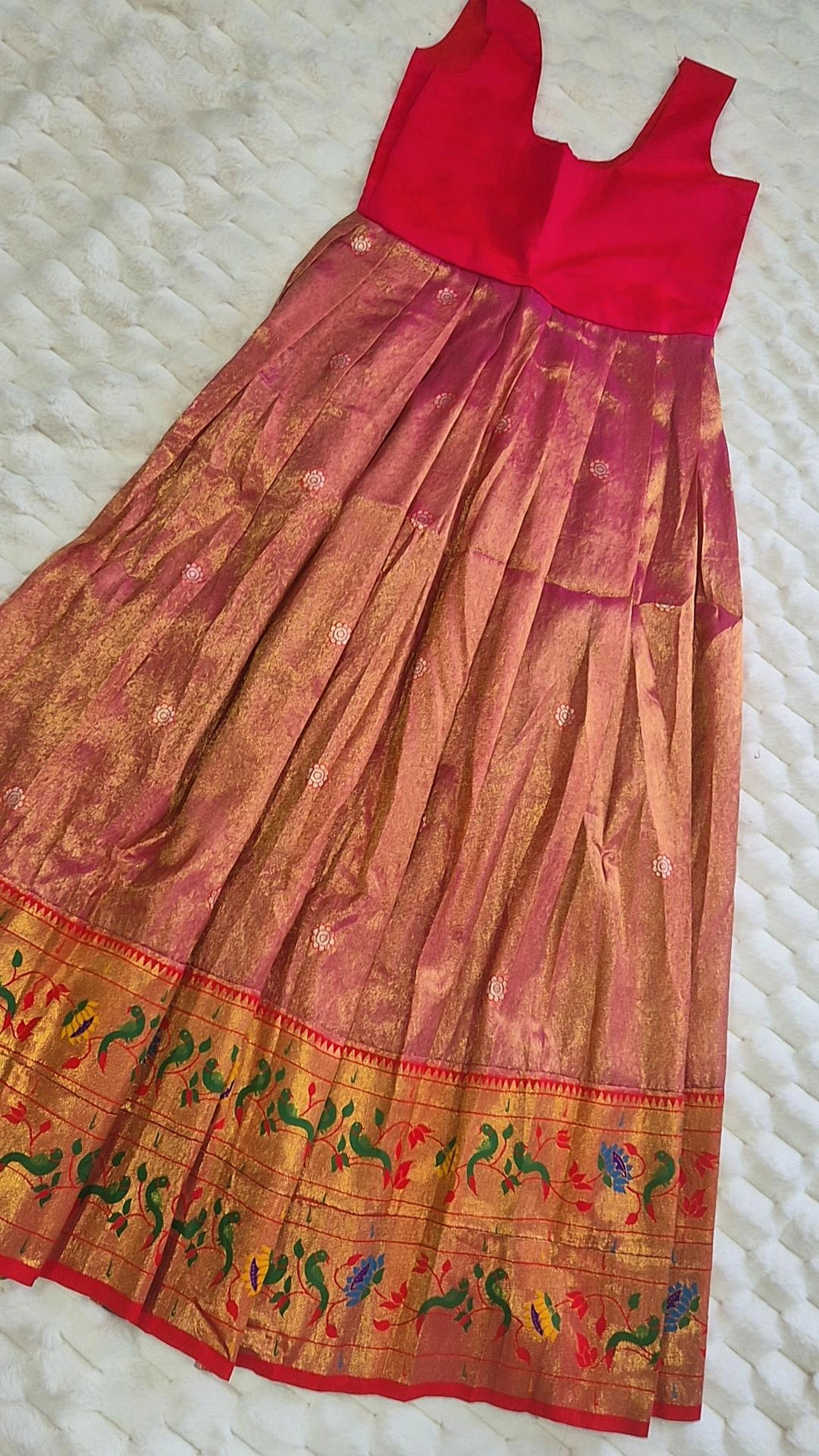Kids Pattu Pavada – Rose Gold & Red Floral Border (10–12 Years)