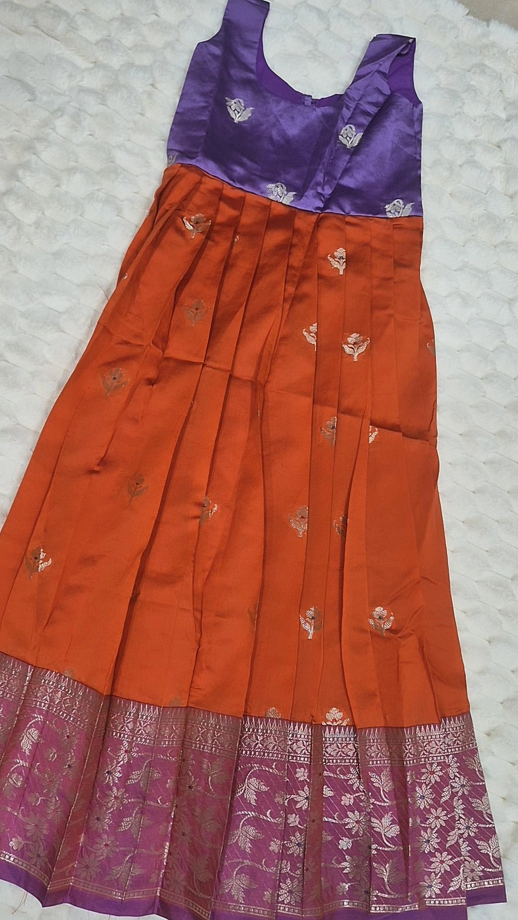 Kids Pattu Pavada – Orange & Purple Floral (10–12 Years)
