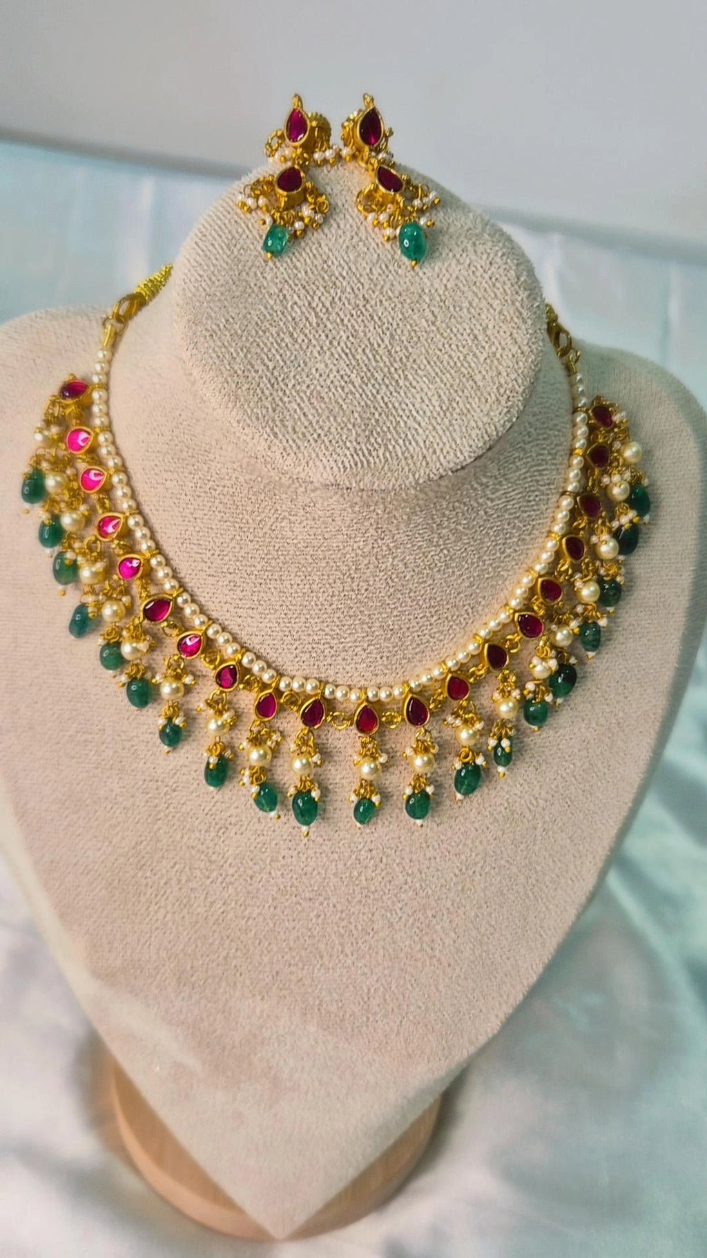 Jadau Kundan Ruby Emerald Pearl Choker