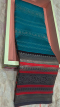 Teal Blue Soft Silk Saree with Dark Navy & Red Contrast Border