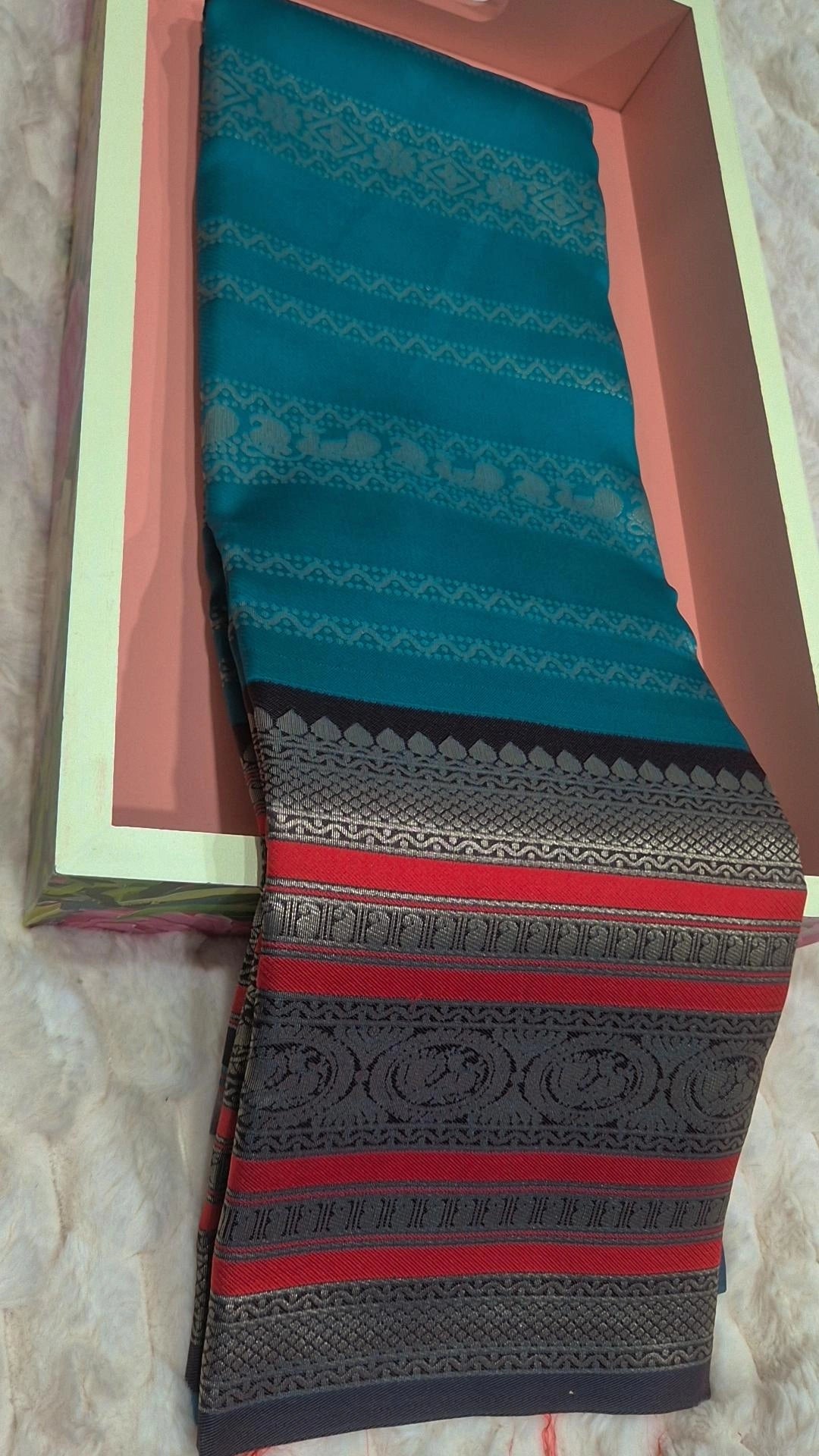 Teal Blue Soft Silk Saree with Dark Navy & Red Contrast Border