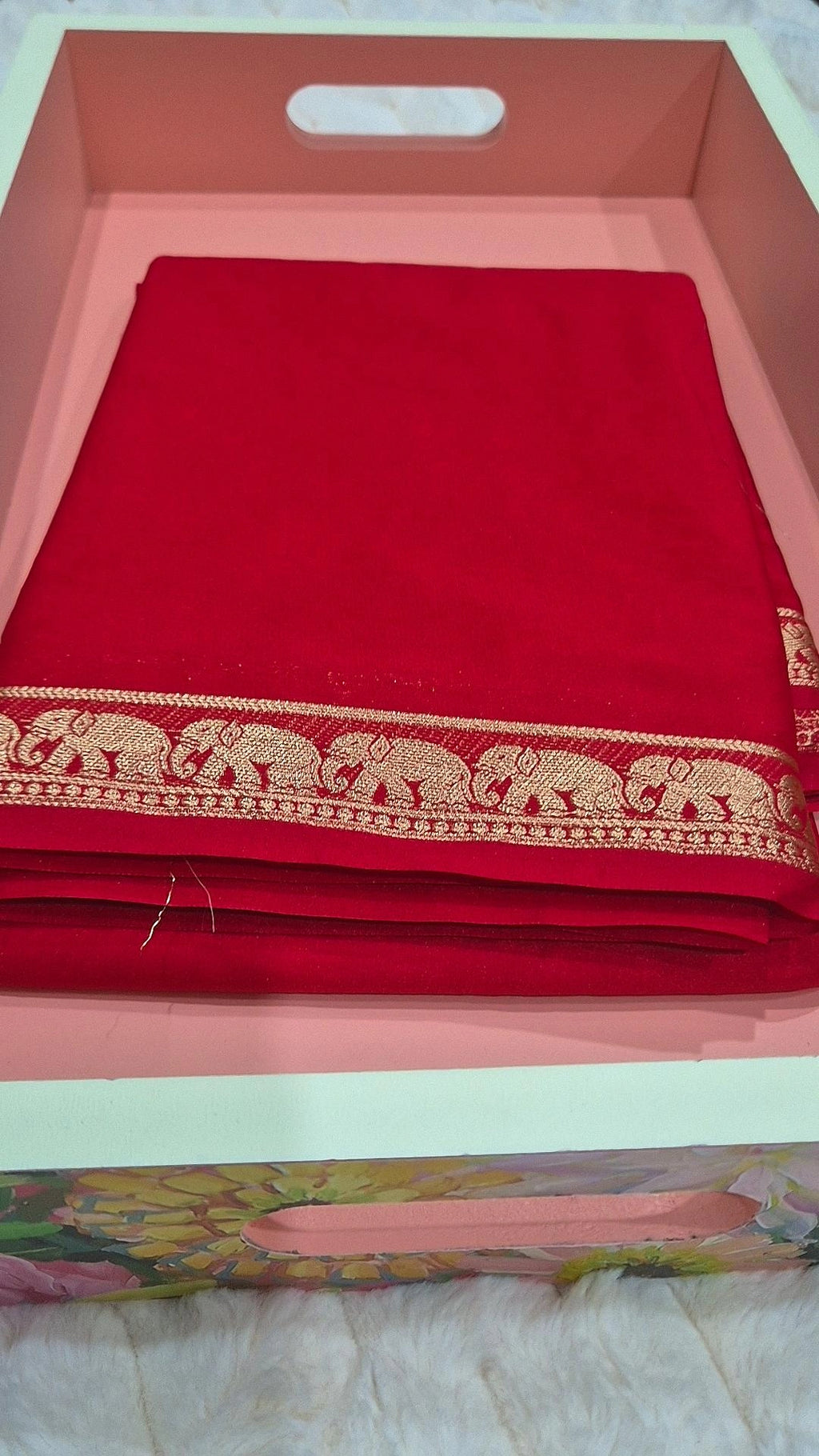Red Crepe Silk Saree with Elephant Zari Border