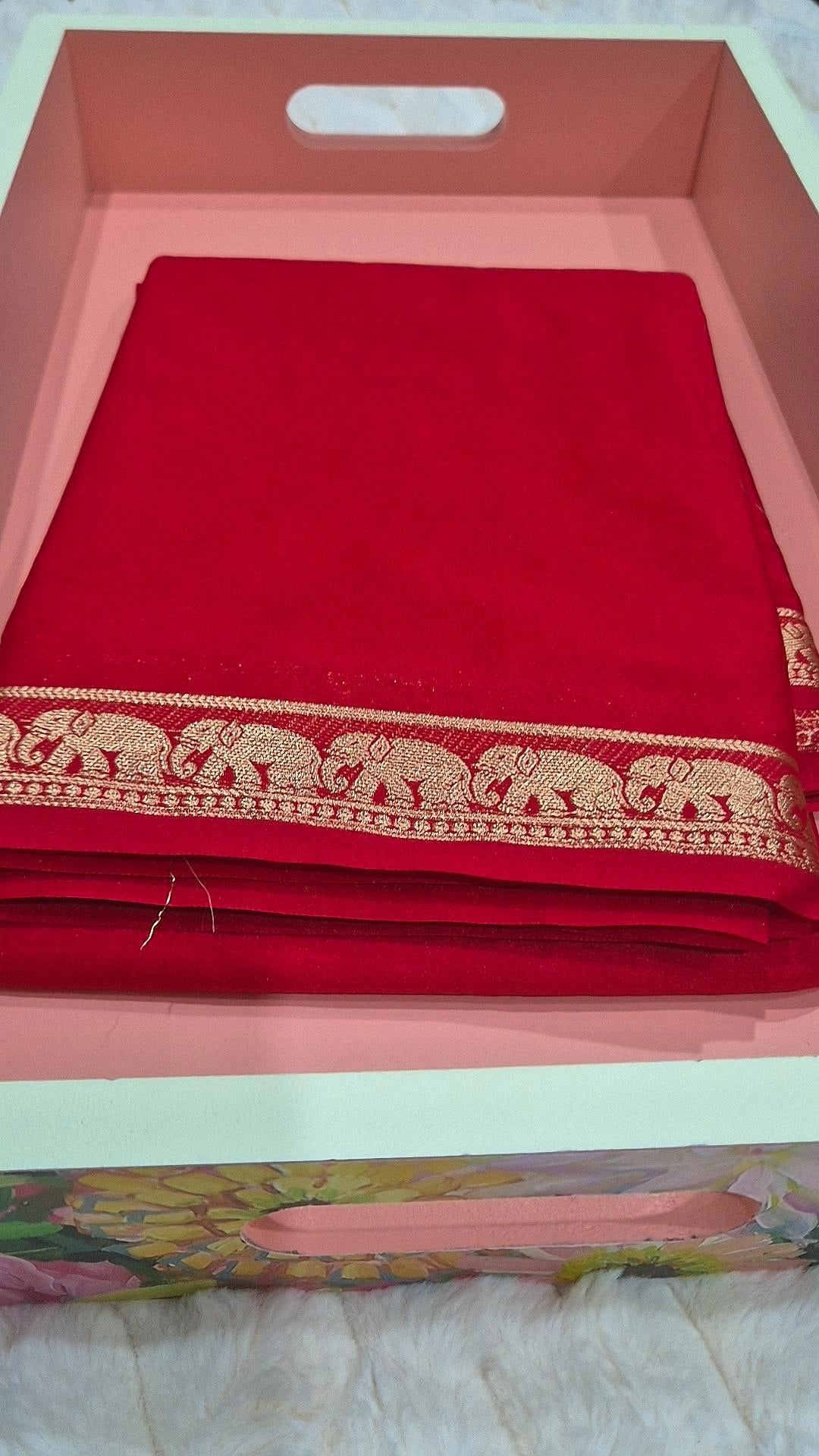 Red Crepe Silk Saree with Elephant Zari Border