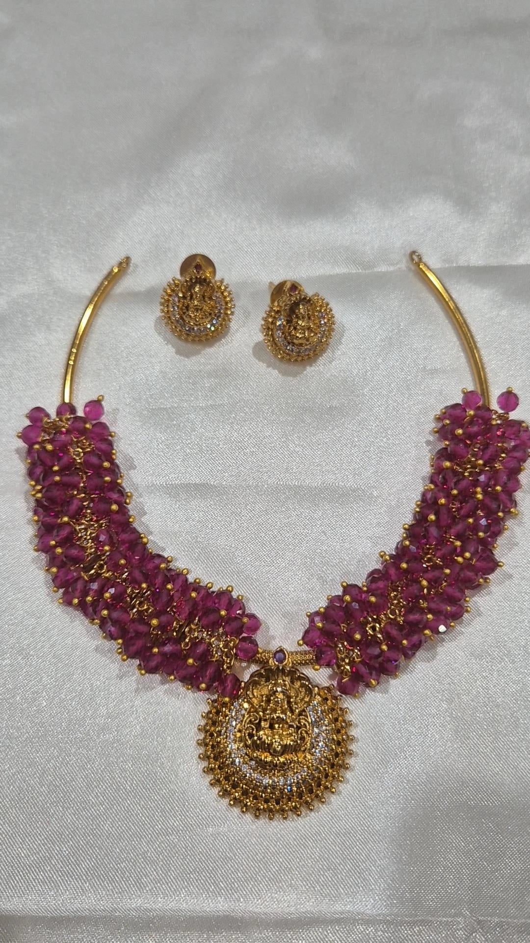 Ruby Red Lakshmi Temple Choker Set with Earrings
