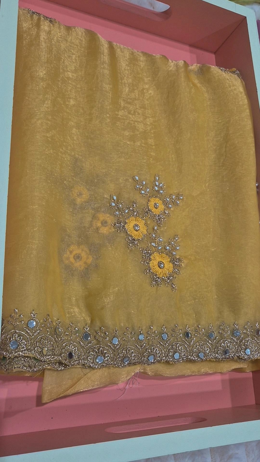 Space Silk Saree – Mustard Yellow | Real Mirror Work | Stitched Blouse