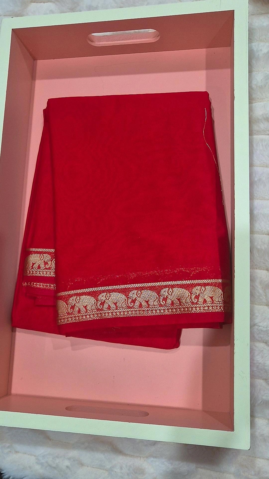 Red Crepe Silk Saree with Elephant Zari Border