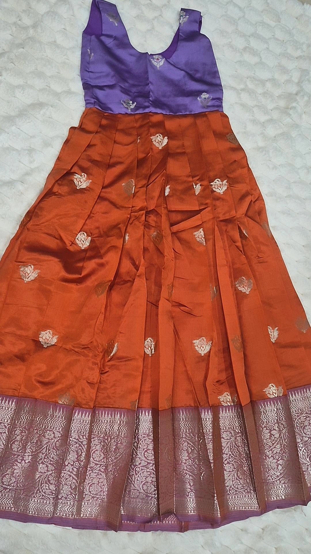 Kids Pattu Pavada – Rust Orange & Purple (10–12 Years)