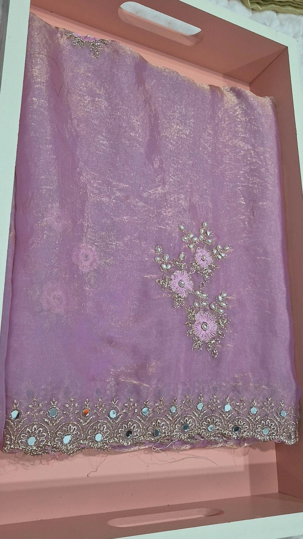 Space Silk Saree – baby pink | Real Mirror Work | Stitched Blouse