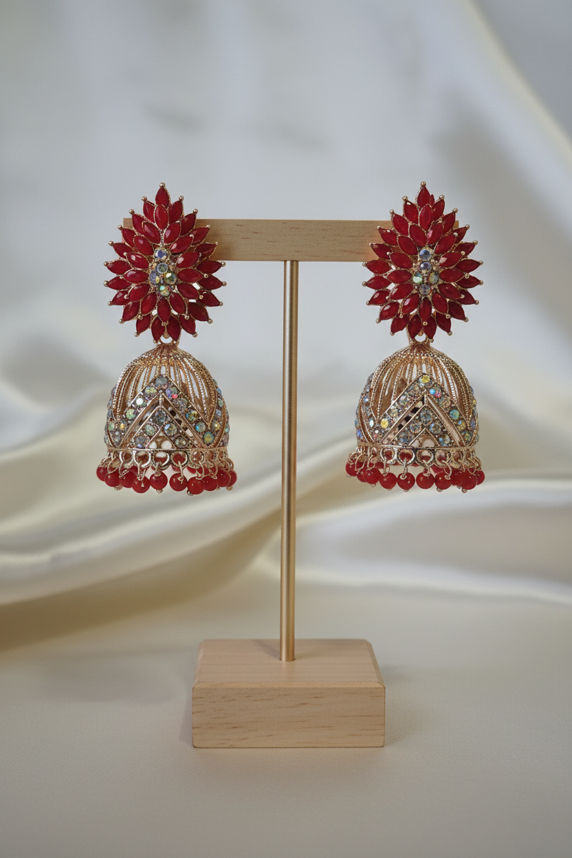 Ruby Red Flower Jhumka on T-bar stand