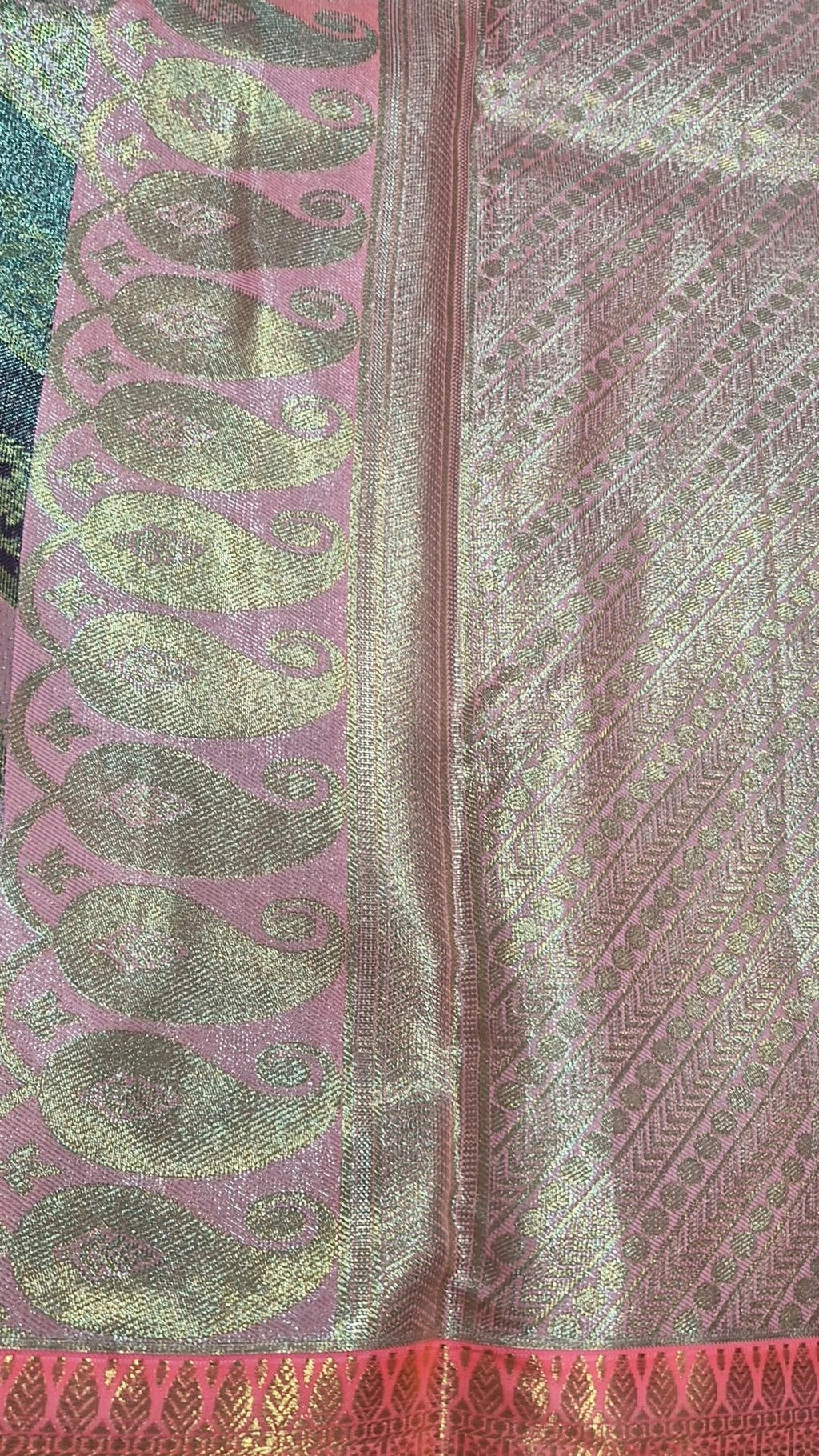 Pink Purple Chevron Kanjivaram Pattu Saree with Pink-Gold Zari Border