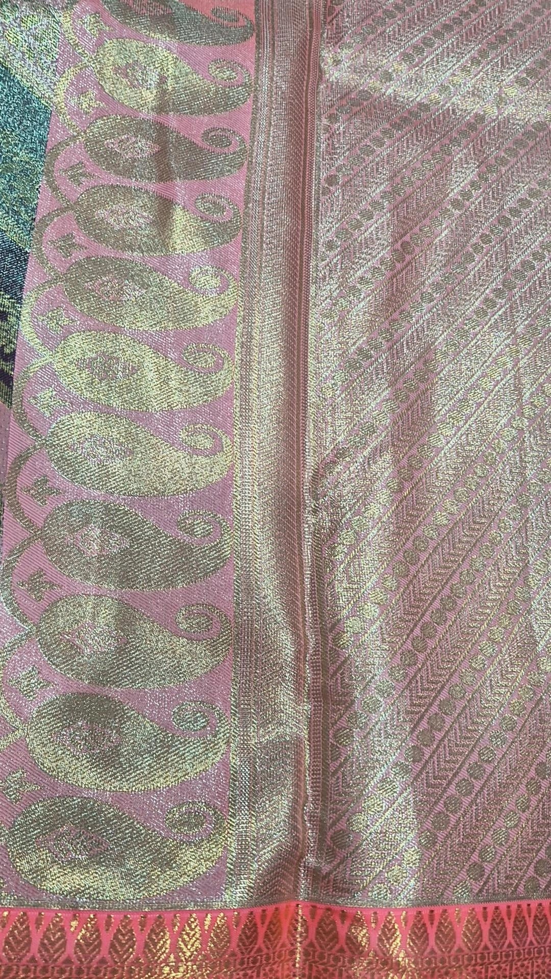 Pink Purple Chevron Kanjivaram Pattu Saree with Pink-Gold Zari Border