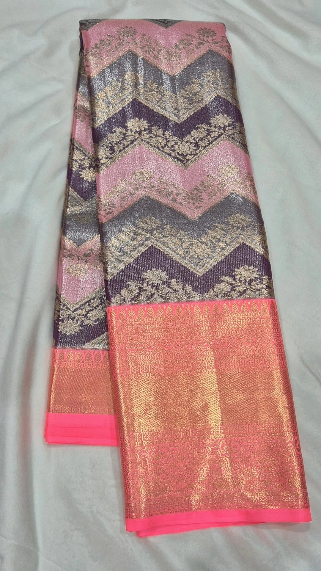 Pink Purple Chevron Kanjivaram Pattu Saree with Pink-Gold Zari Border