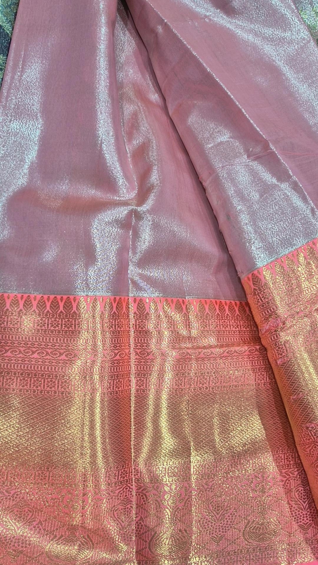 Pink Purple Chevron Kanjivaram Pattu Saree with Pink-Gold Zari Border