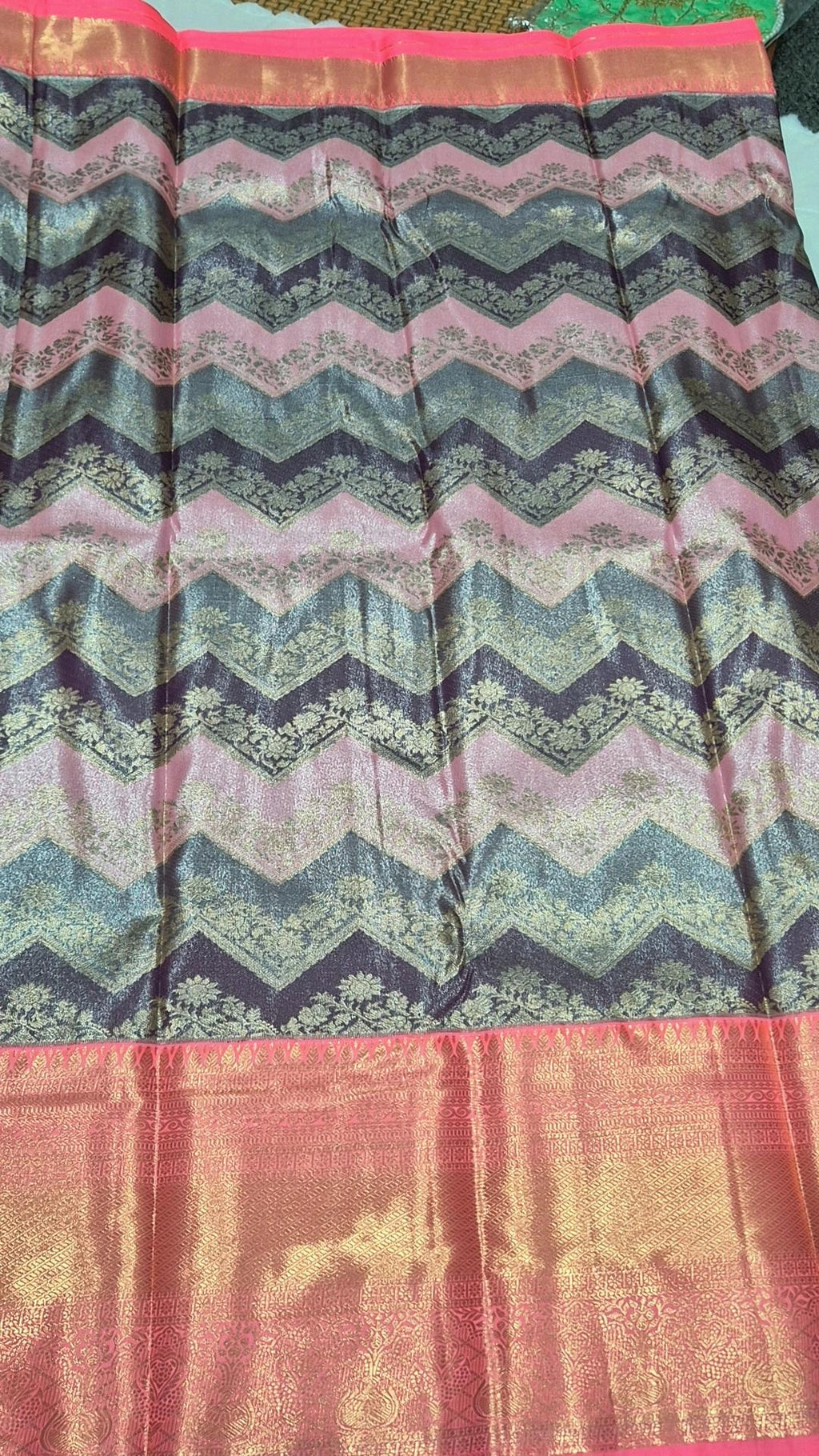 Pink Purple Chevron Kanjivaram Pattu Saree with Pink-Gold Zari Border