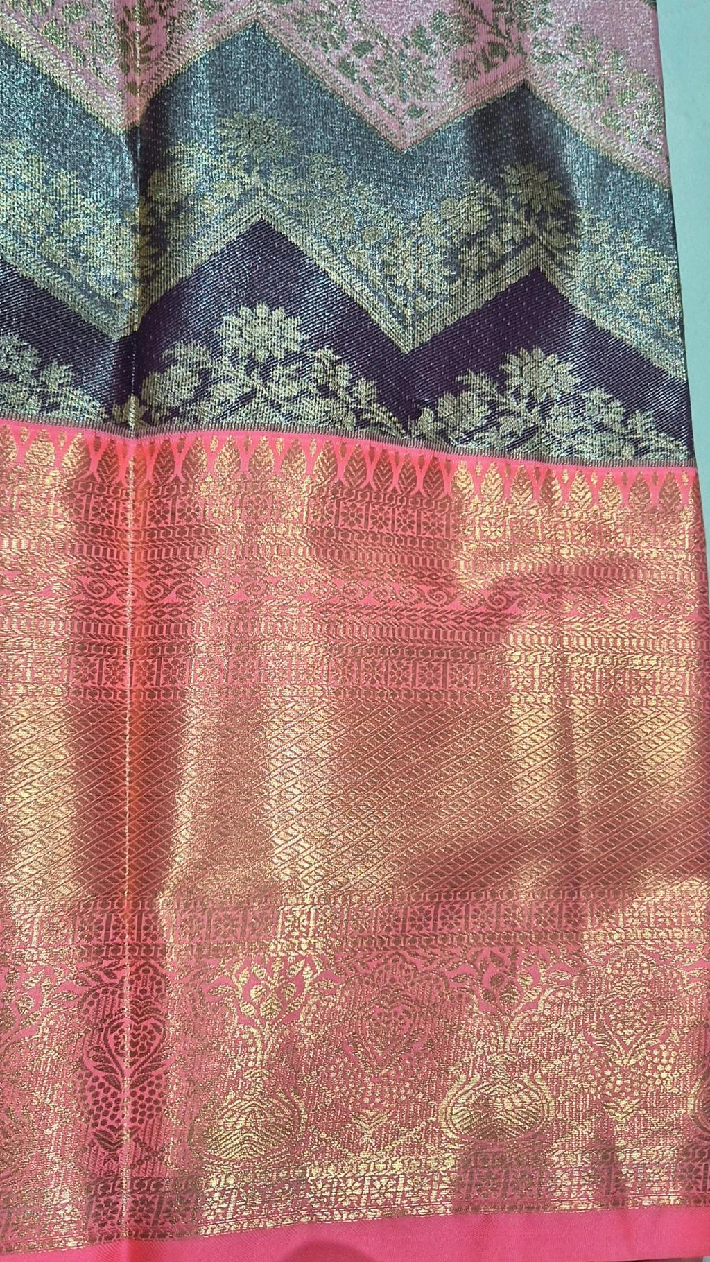 Pink Purple Chevron Kanjivaram Pattu Saree with Pink-Gold Zari Border