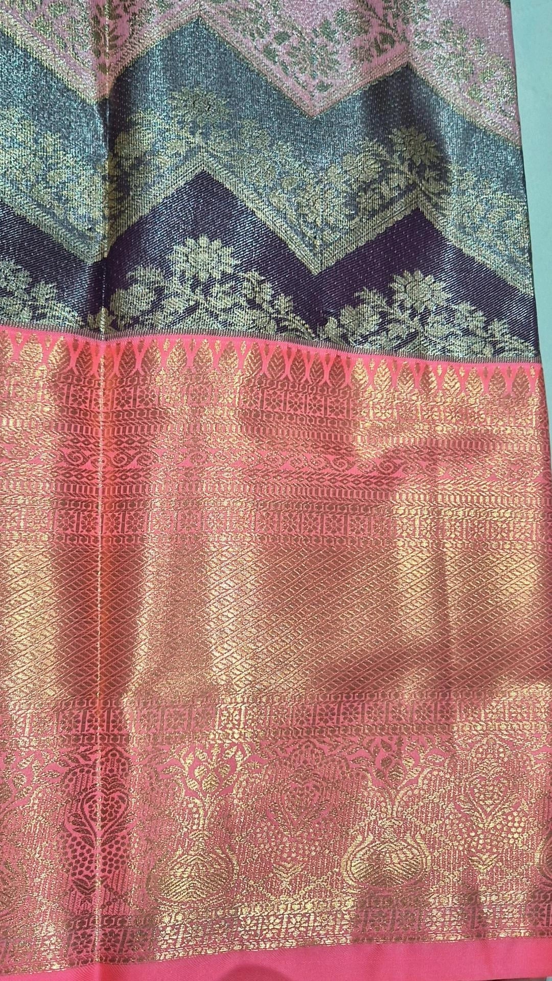 Pink Purple Chevron Kanjivaram Pattu Saree with Pink-Gold Zari Border