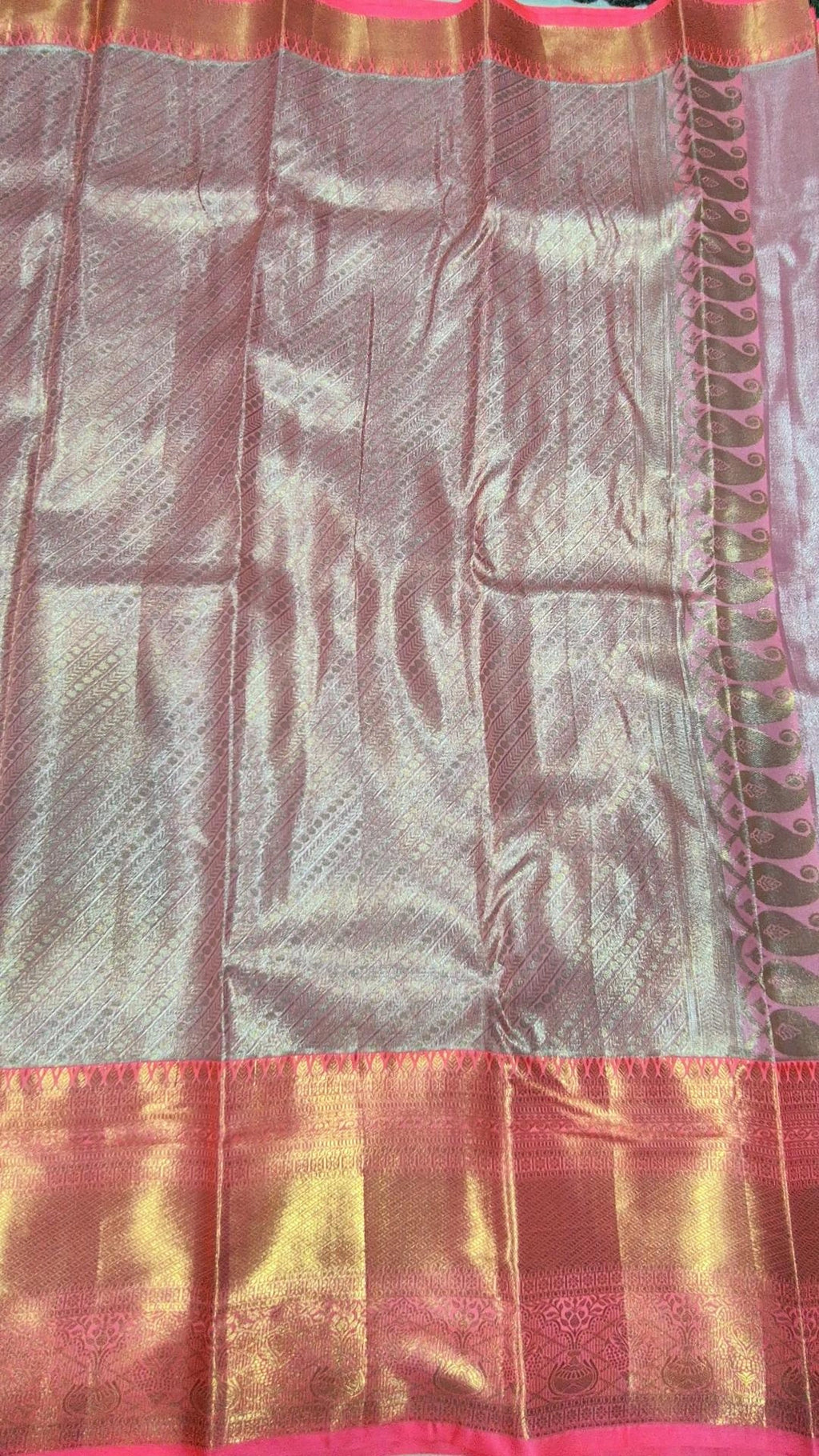 Pink Purple Chevron Kanjivaram Pattu Saree with Pink-Gold Zari Border