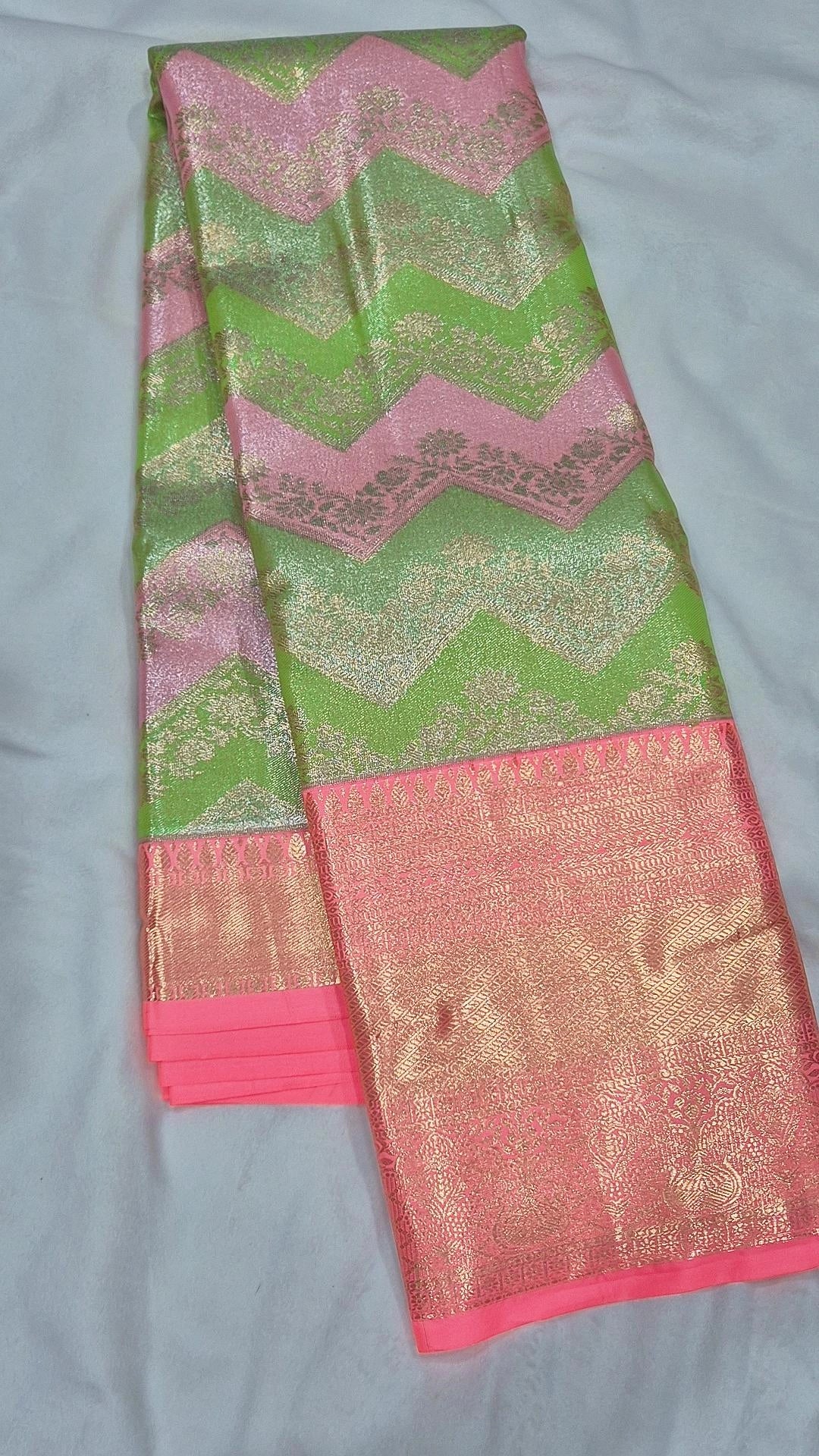 Green & Pink Chevron Kanjivaram Pattu Saree