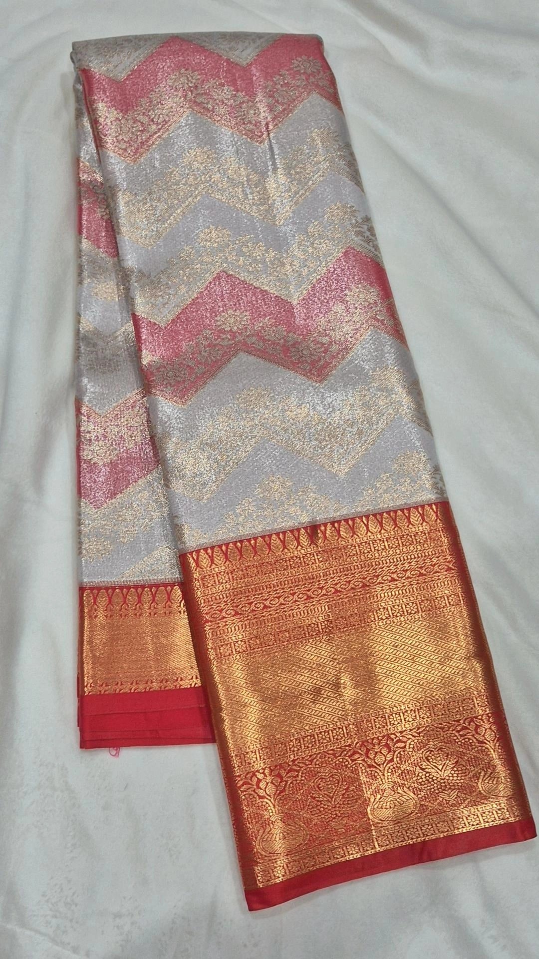 White & Pink Chevron Kanjivaram Pattu Saree