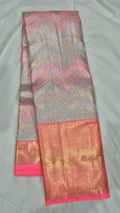 Silver Grey & Pink Chevron Kanjivaram Pattu Saree