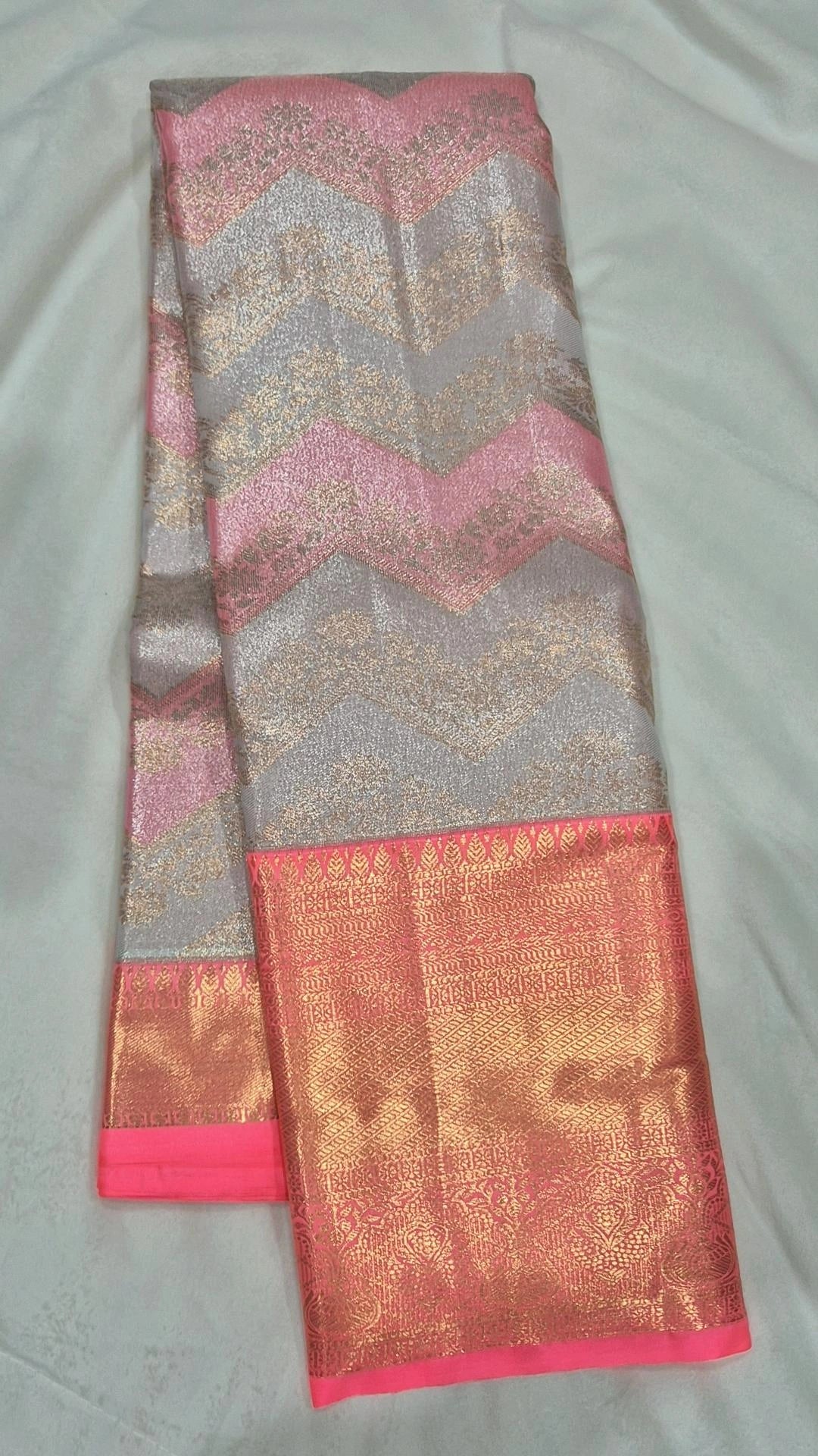 Silver Grey & Pink Chevron Kanjivaram Pattu Saree