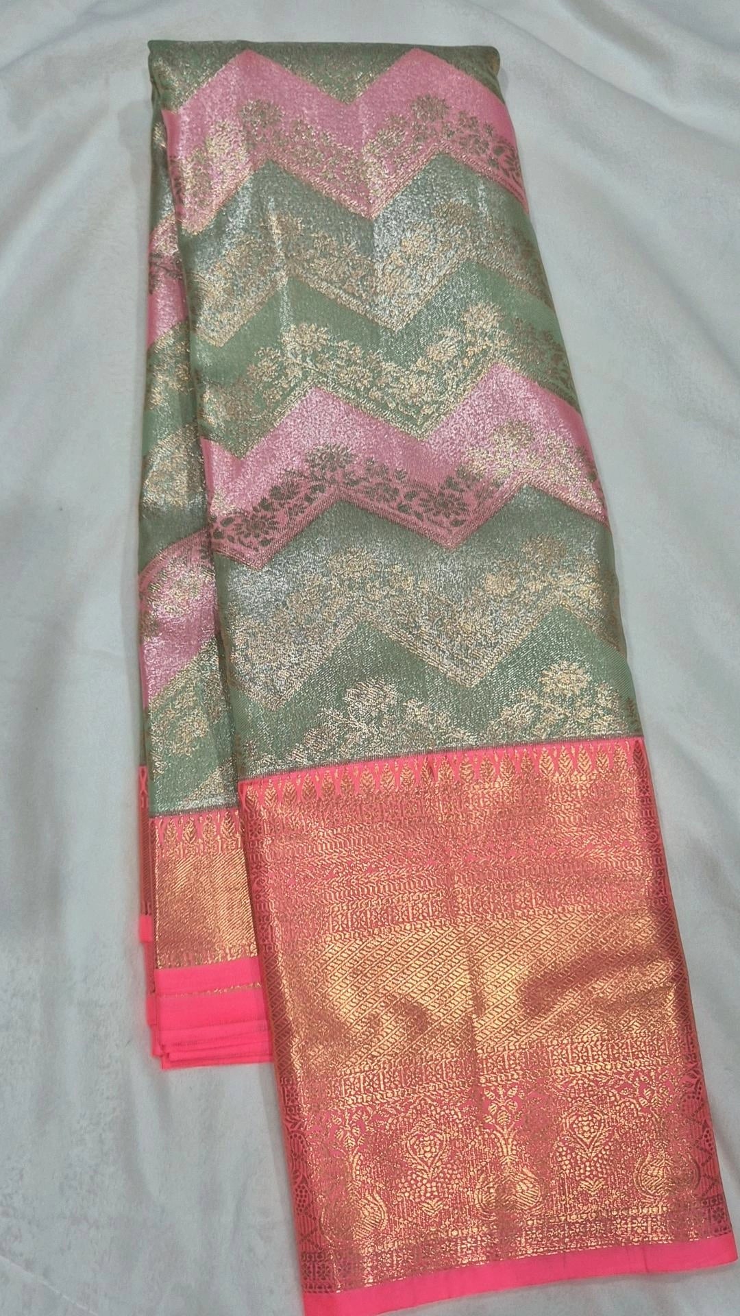 Olive Green & Pink Chevron Kanjivaram Pattu Saree