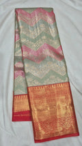 Sage Grey & Pink Chevron Kanjivaram Pattu Saree