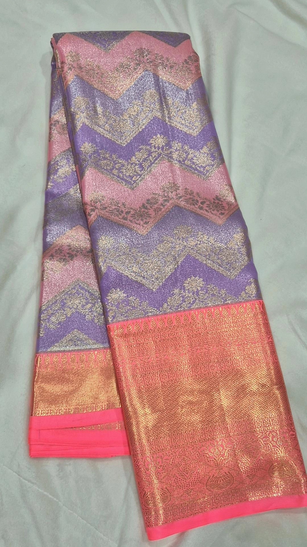 Purple & Pink Chevron Kanjivaram Pattu Saree