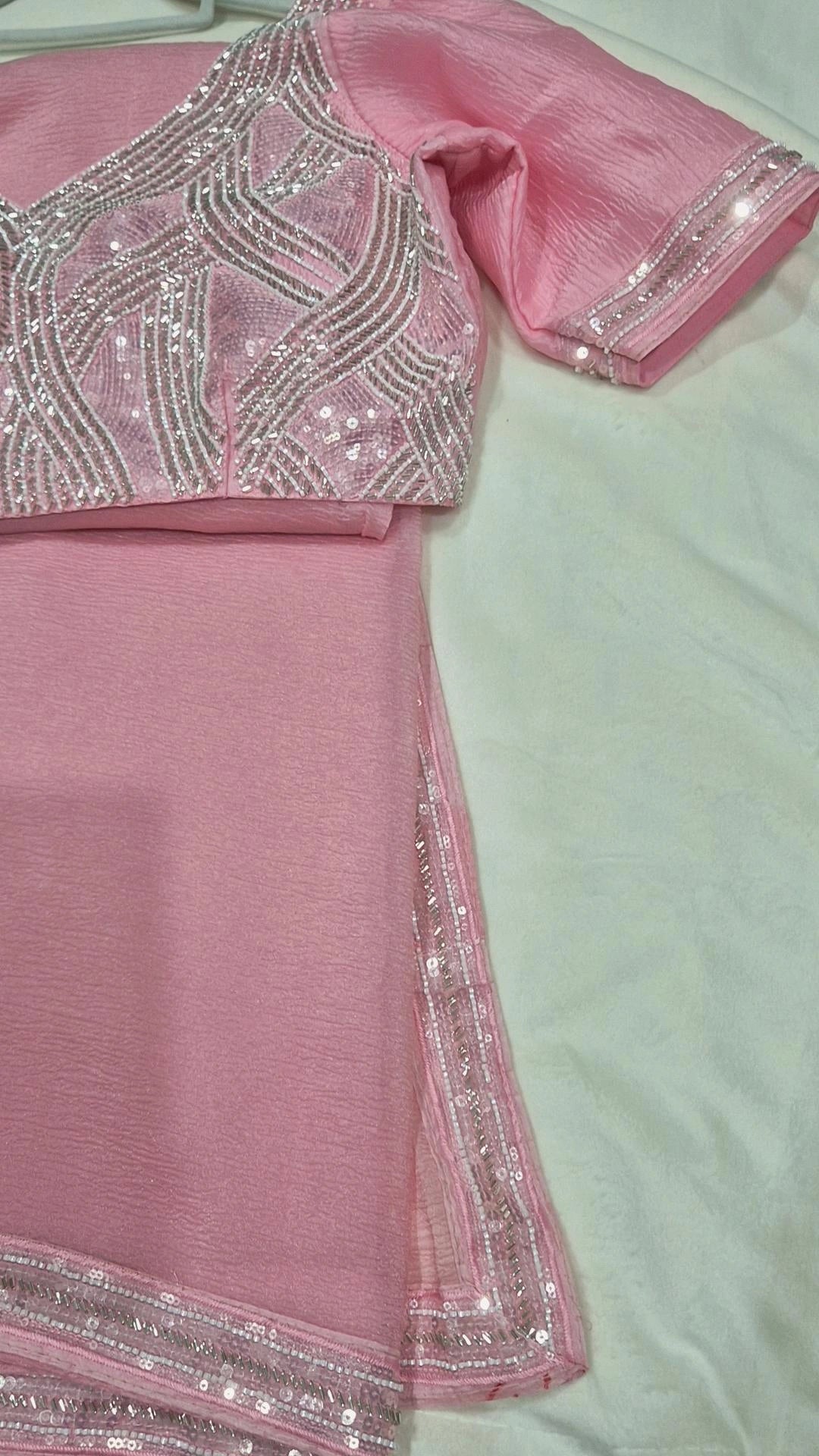 Pink Tissue Silk Saree with Silver Sequin Embroidery Blouse