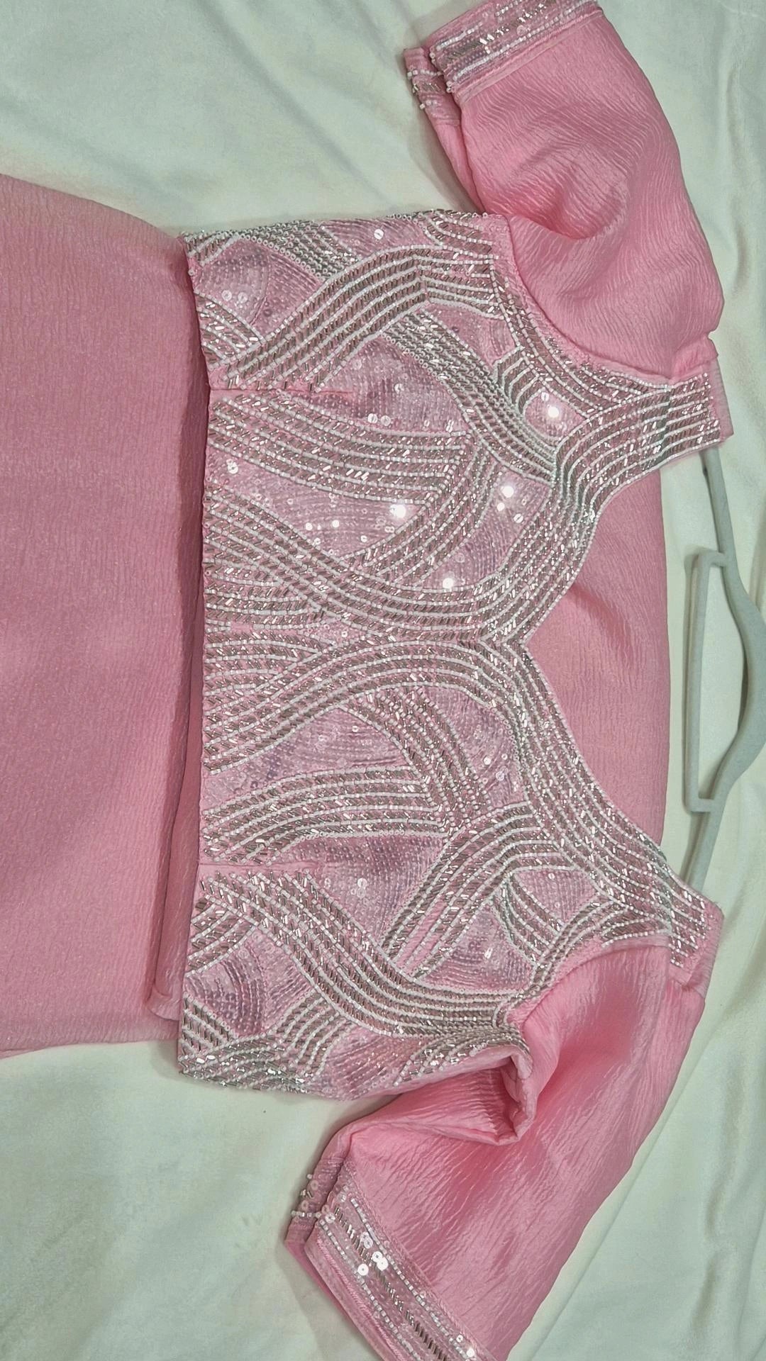 Pink Tissue Silk Saree with Silver Sequin Embroidery Blouse